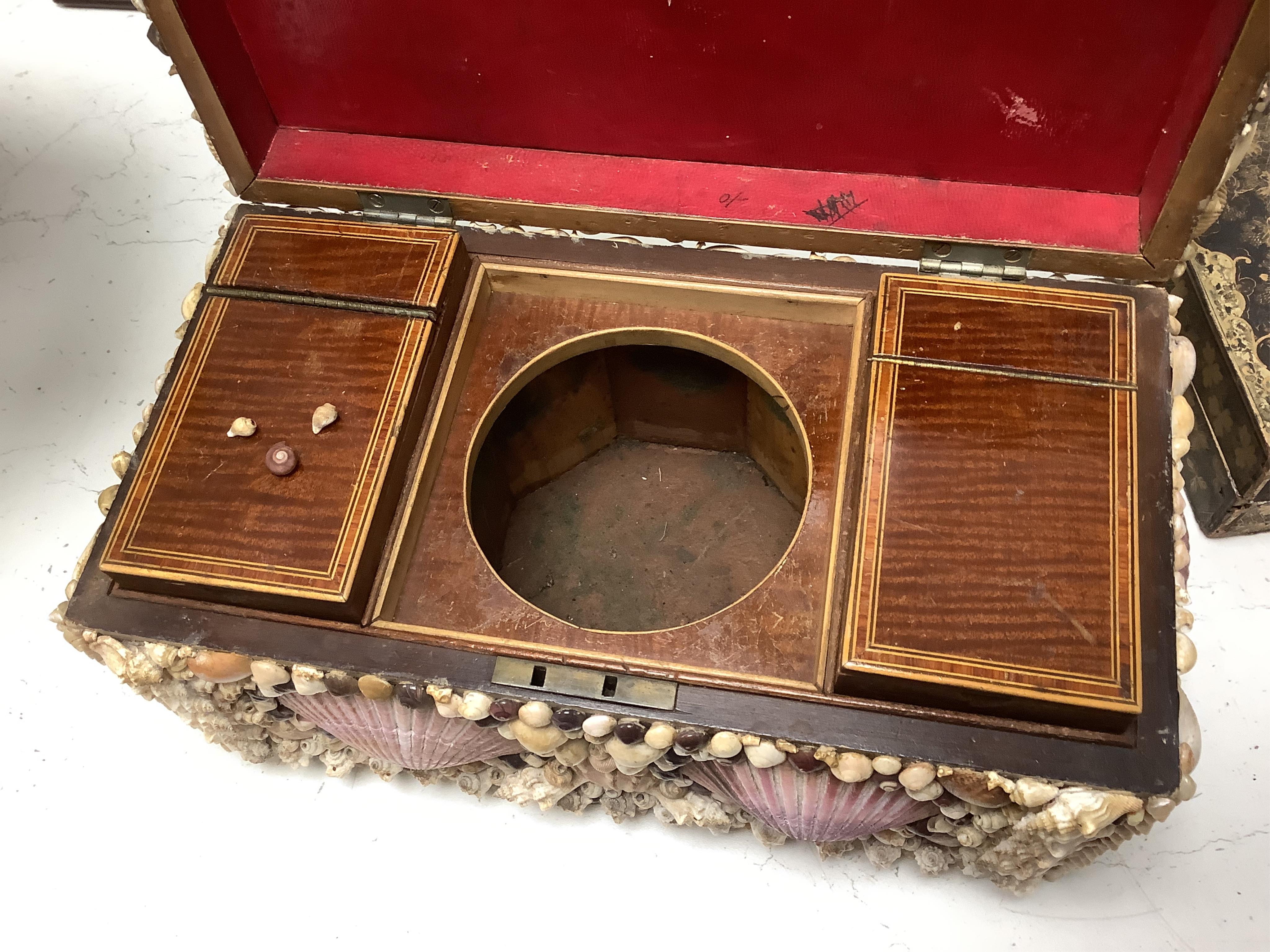 A George III tea caddy, shell covered in 19th century. 32cm wide x 15cm high x 17cm deep. Condition - a few shells missing but appears in good condition